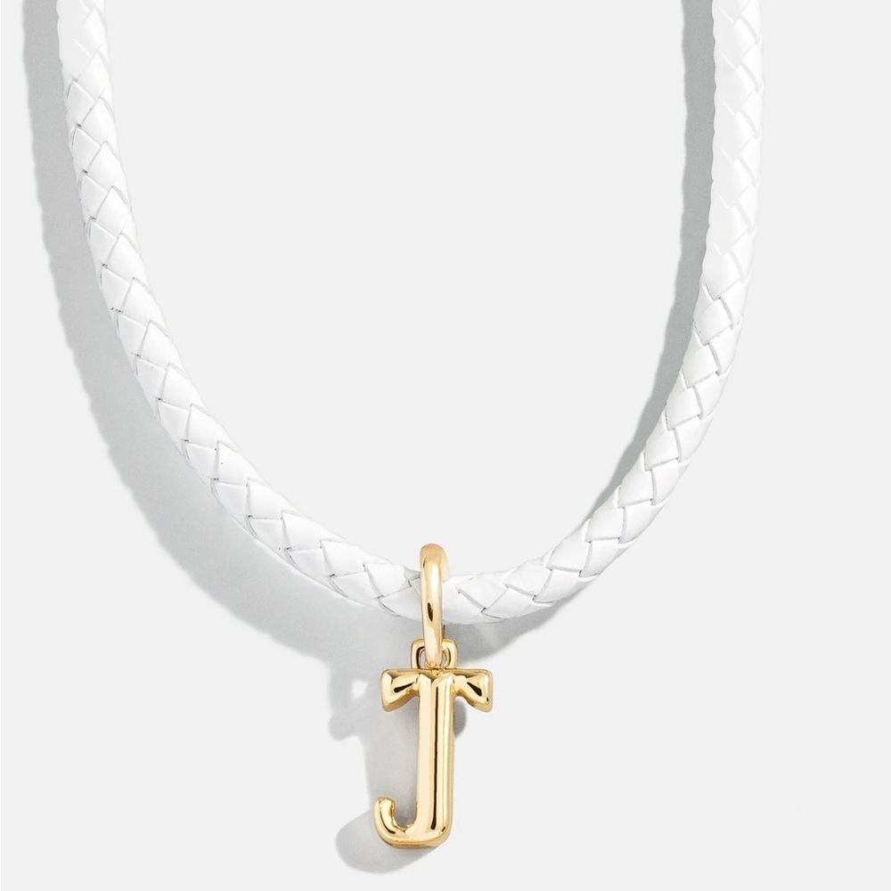 Bauble Bar J charm necklace on white leather cord NWT